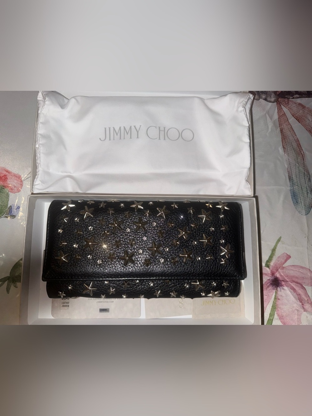 Jimmy Choo Black Leather Star-Studded Clutch with Silver-tone Accents